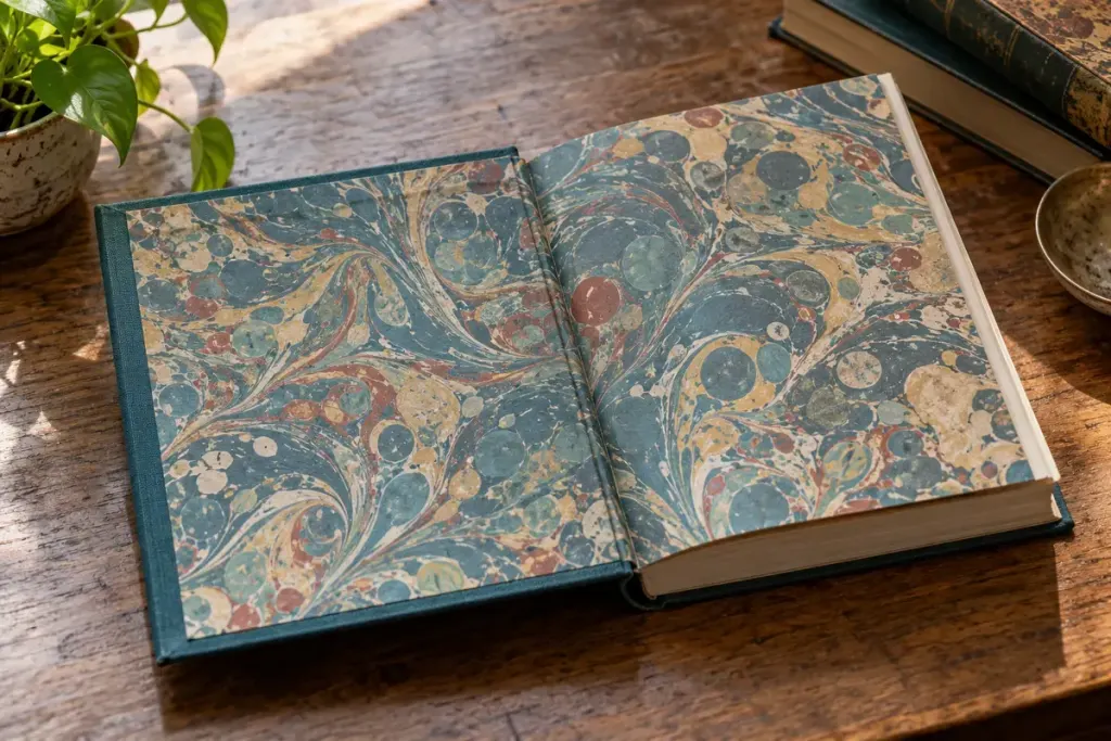 Marbled endpapers inside an open hardback book.