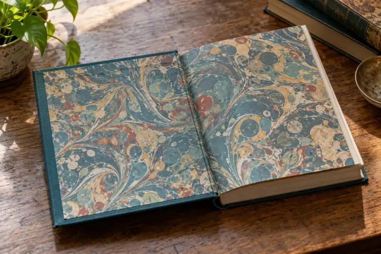 Marbled endpapers inside an open hardback book.