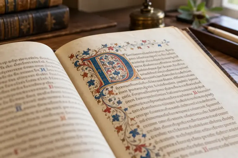 A facsimile page with an ornamental initial beside other reading materials.