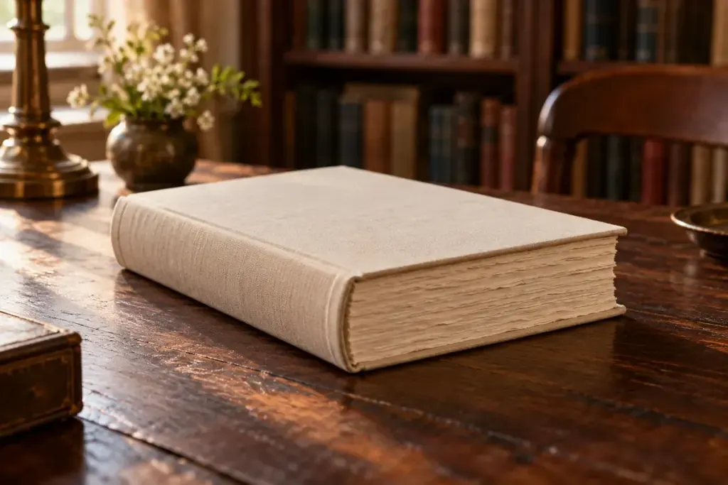 A closed hardcover book with uneven paper edges on a library table.
