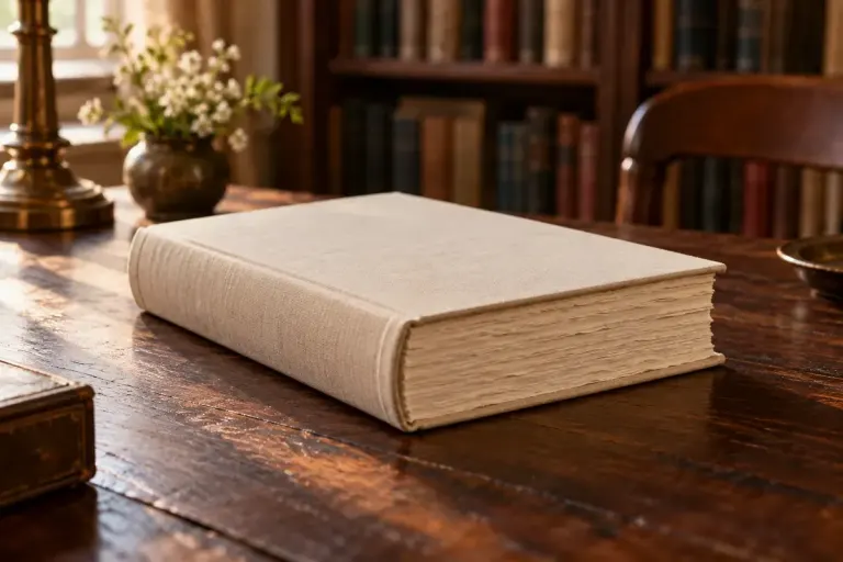 A closed hardcover book with uneven paper edges on a library table.