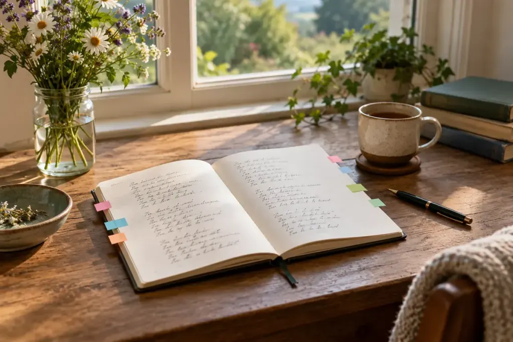 An open poetry notebook with repeating lines indicated by small coloured tabs, no legible quotations.