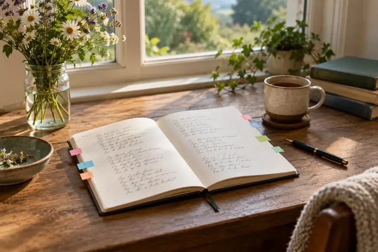 An open poetry notebook with repeating lines indicated by small coloured tabs, no legible quotations.