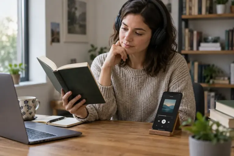 A reader comparing an audiobook edition with a printed book at a quiet desk.