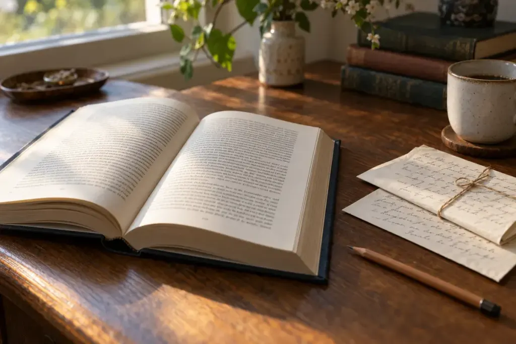 Open book beside folded handwritten letters and a pencil on a quiet desk.