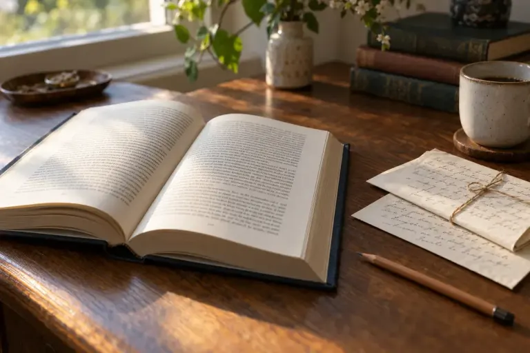 Open book beside folded handwritten letters and a pencil on a quiet desk.