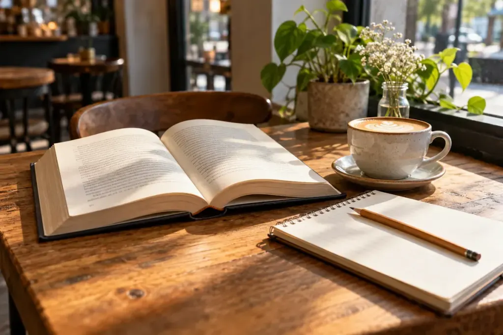 An open novel beside a pencil and a reading notebook on a quiet cafe table, no legible text.