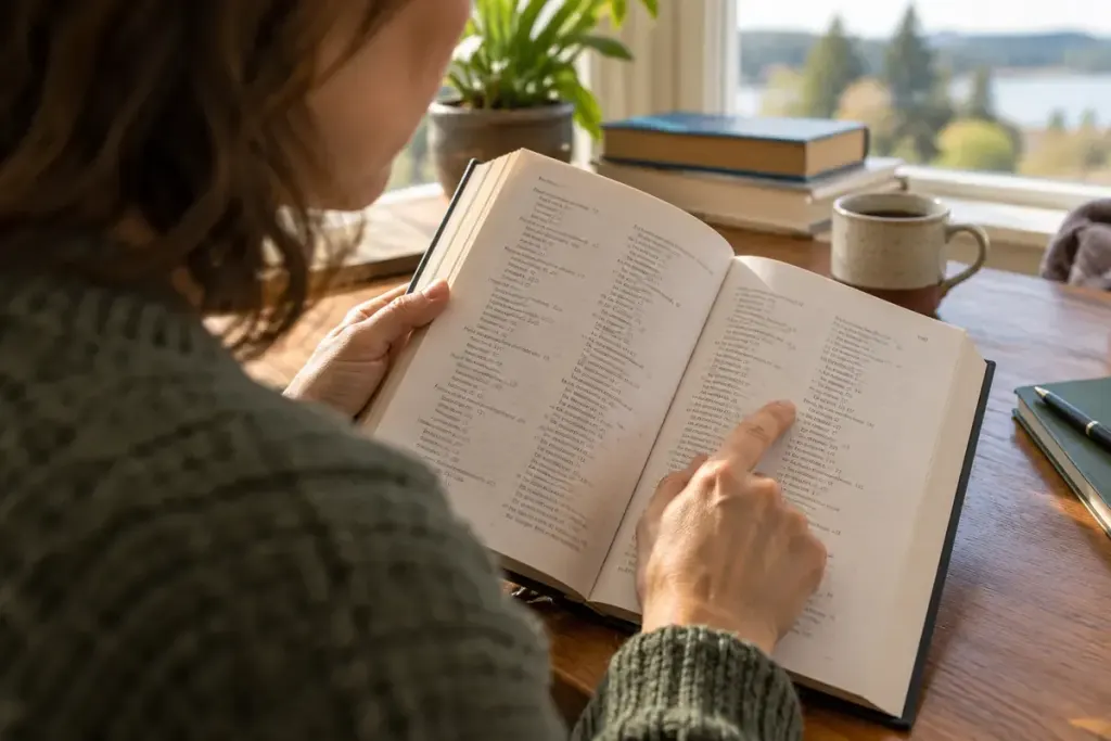 Close view of a reader using the printed back-of-book index in a nonfiction book, small indistinct text.