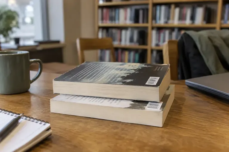 Two different editions of a generic novel turned to their barcode backs on a library desk.