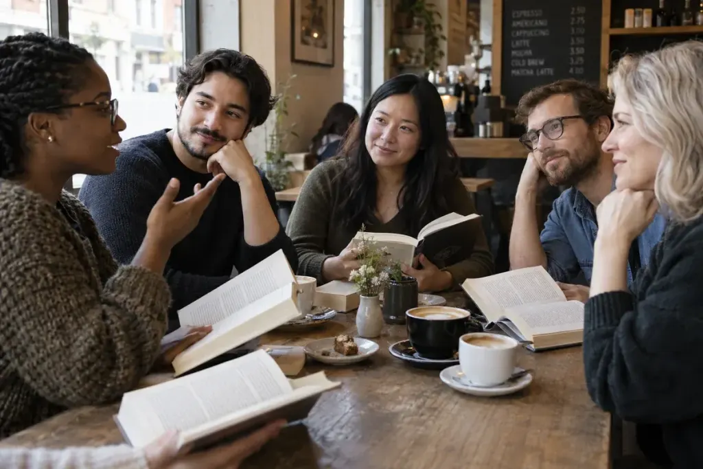 Small diverse book club around a cafe table with open books filled with dense printed paragraphs, engaged conversation, no blank books.