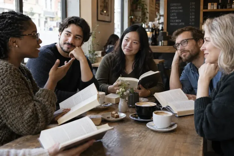 Small diverse book club around a cafe table with open books filled with dense printed paragraphs, engaged conversation, no blank books.