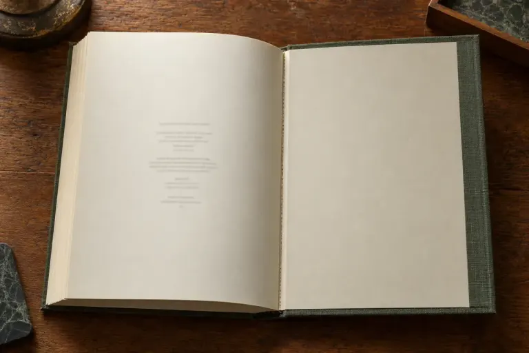 An open book showing a small production note on its final page.