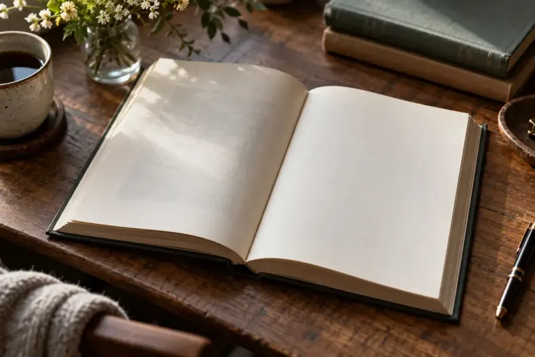 An open hardcover book with a sparse half-title page on a reading desk, no readable text.