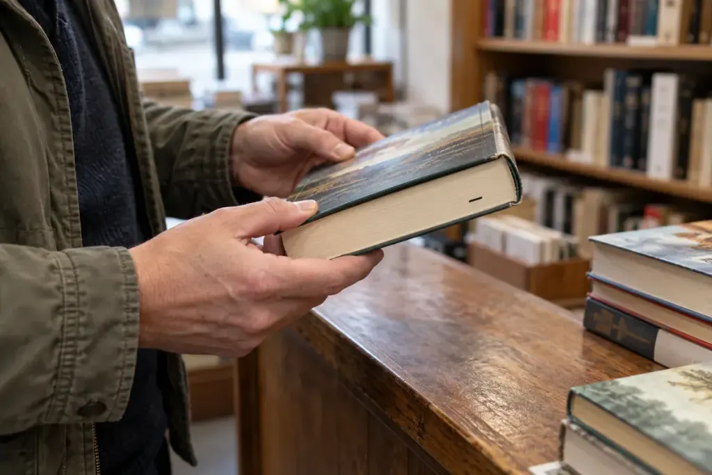 Hands inspecting a closed hardback book with a small black remainder mark on the bottom page edges at a bookshop counter.