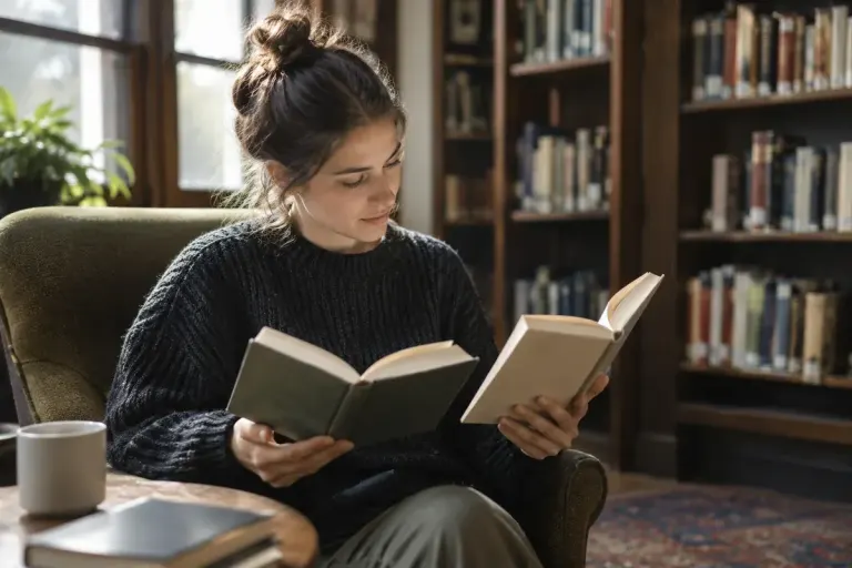 Reader comparing the opening pages of two unbranded books in a quiet library corner.