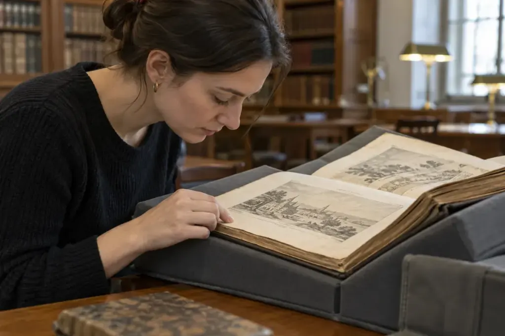 A reader examining an old book on a padded library support, decorative ownership label inside cover, no readable lettering.