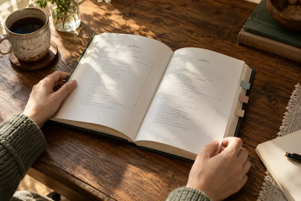 Open book with bookmarks on a reading table.