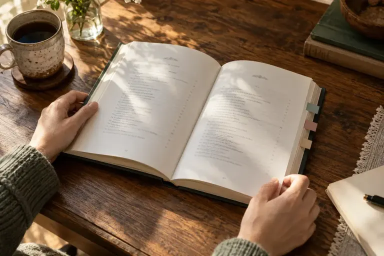 Open book with bookmarks on a reading table.