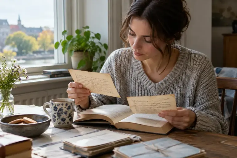 Reader comparing dated letters in a paperback novel at a window table.