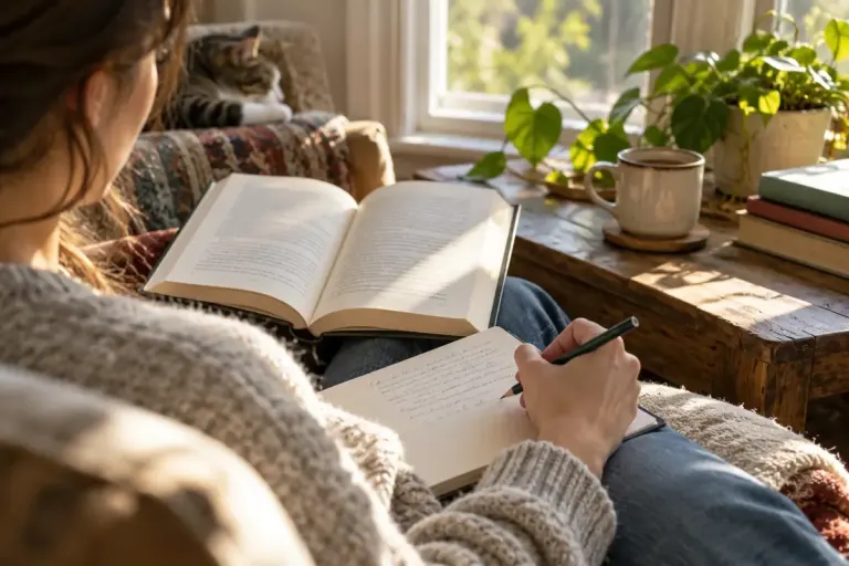 A reader making pencil notes beside an open novel in a sunlit reading corner.