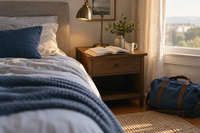An open novel on a bedside table with a blue travel bag beside the bed.