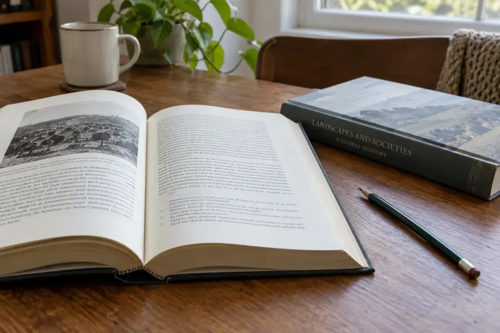 An open nonfiction book with footnote markers beside a second reference book and pencil.