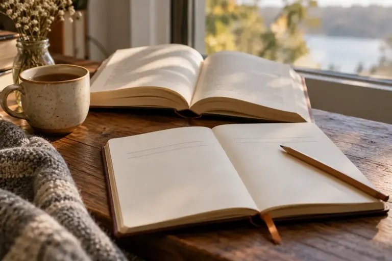 An open unbranded novel beside a handwritten reading notebook with two simple parallel pencil lines and a bookmark.