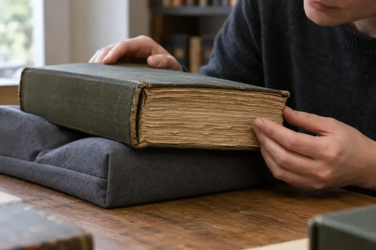 A reader examining the fore-edge of a supported cloth-bound book.