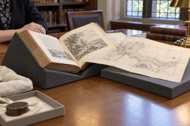An old book resting in a padded cradle with a foldout map supported beside it.