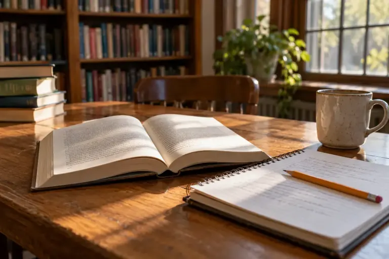 An open book and a notebook with reading notes on a sunlit library table.
