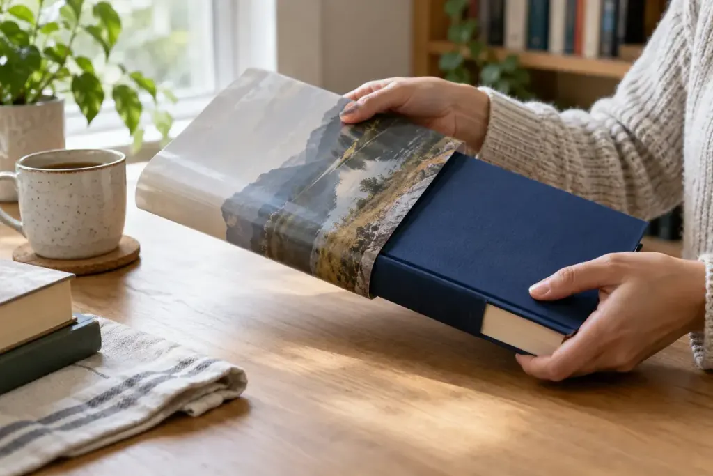 A reader gently removing a dust jacket from a hardback book on a clean table.