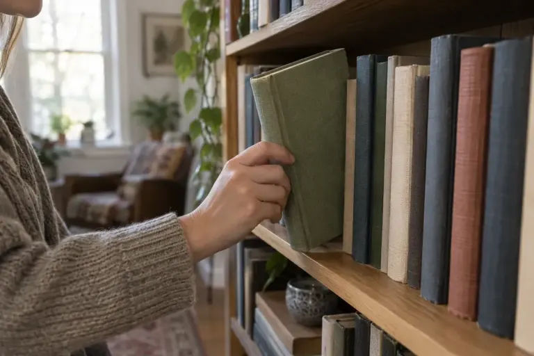 A reader supporting a clothbound book at its middle while easing it from a shelf.