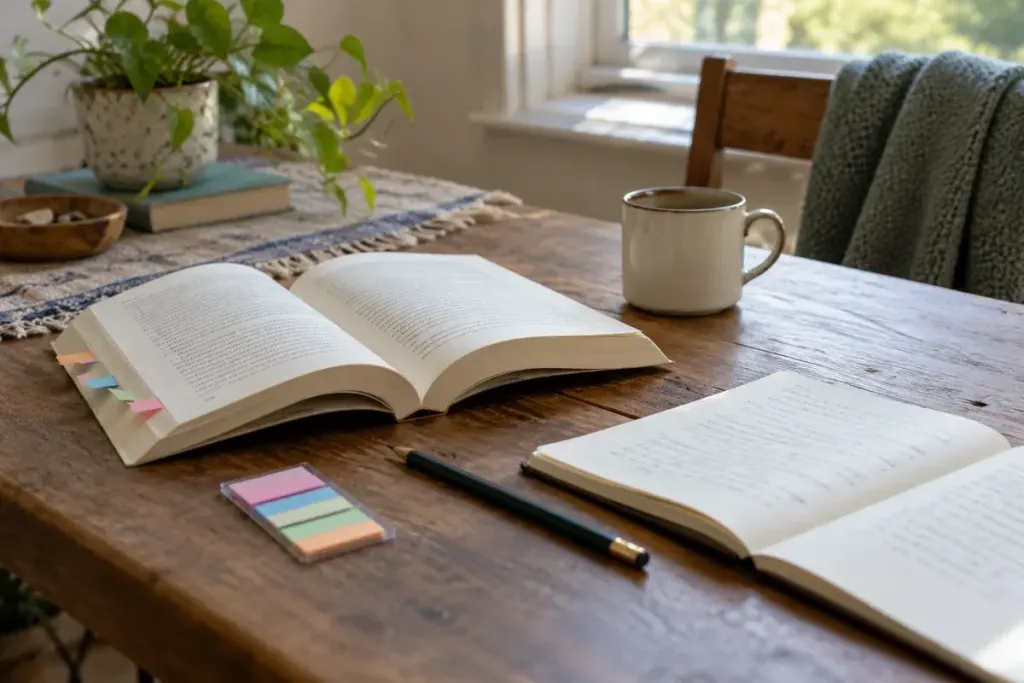 An open paperback with removable paper flags and a pencil beside a reader's notebook.
