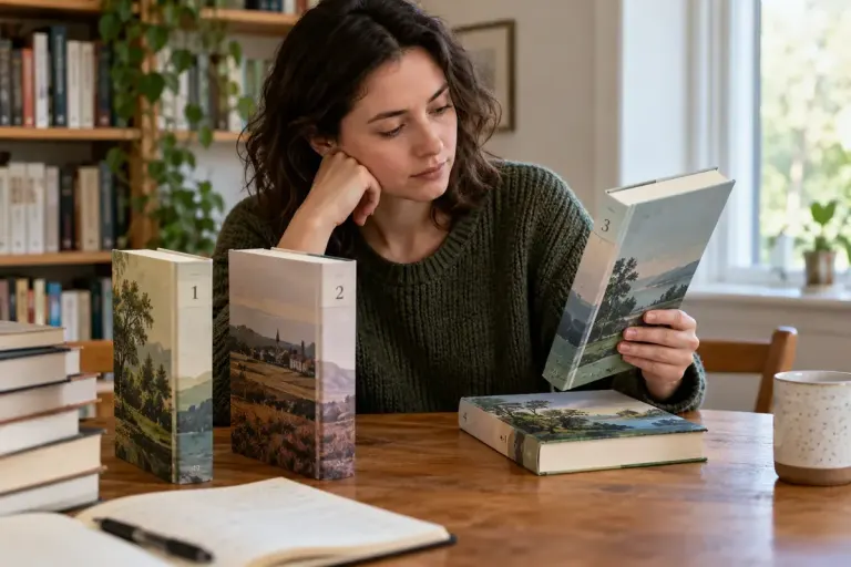 Reader comparing several numbered books from a publishing series.