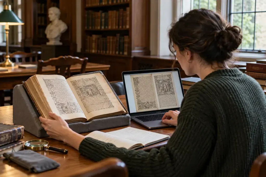 A reader comparing a reproduced historical page with its digital image.