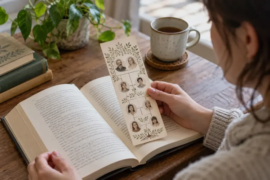 A reader studying a fictional family tree on a loose bookmark beside a novel.