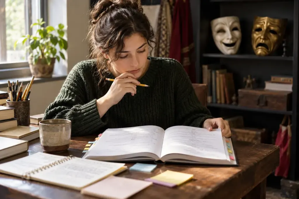 A reader studying an open printed play with a pencil and cast notes on a small desk, theatrical masks softly out of focus on a shelf.