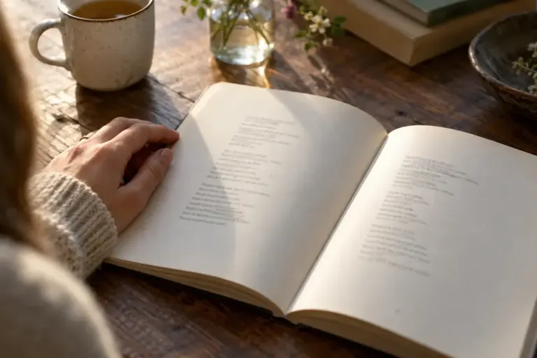 An open slim poetry book on a reading table with short lines of indistinct print.