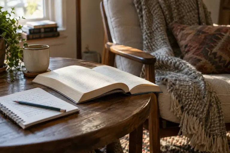 An open book and a short handwritten reading note beside a comfortable chair.