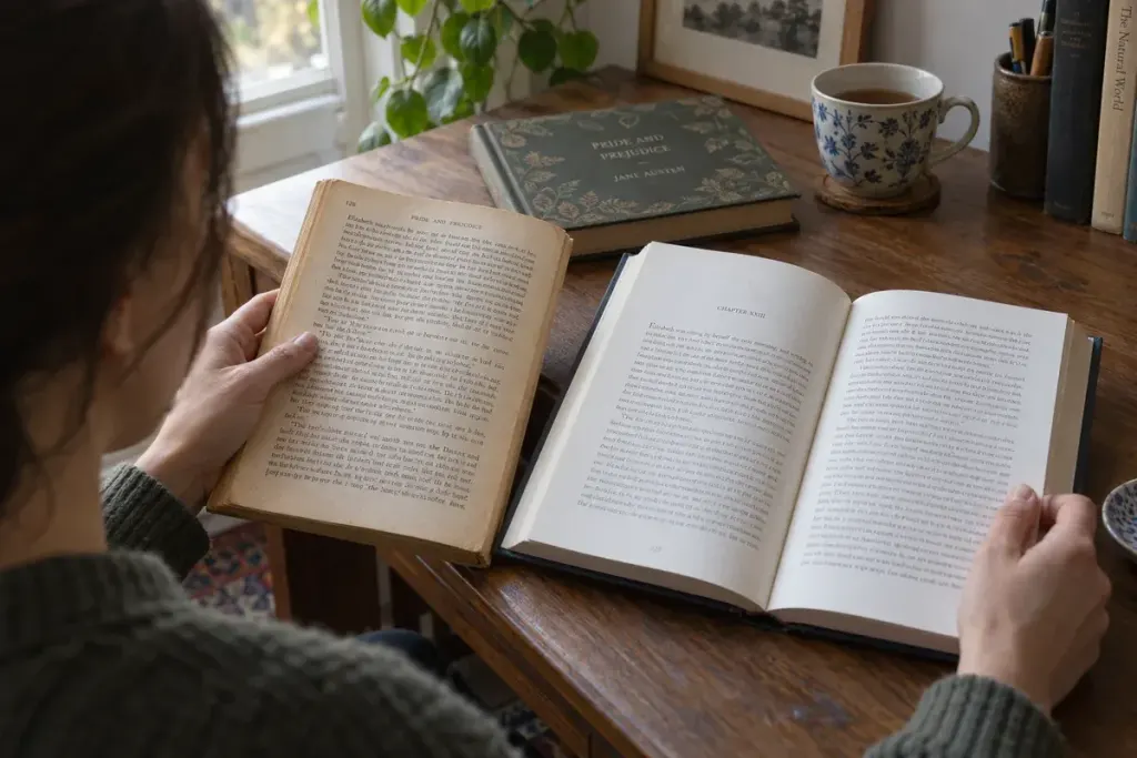 A reader compares two printed book editions with different type and page layouts.