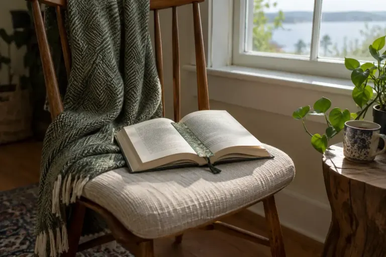 An open book with a bookmark resting on a chair beside a window.