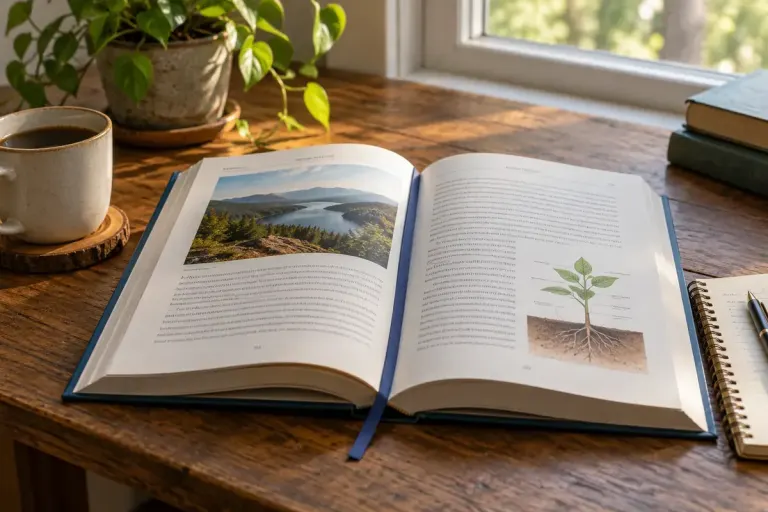 Open hardcover book with subtle running headers and a ribbon bookmark.
