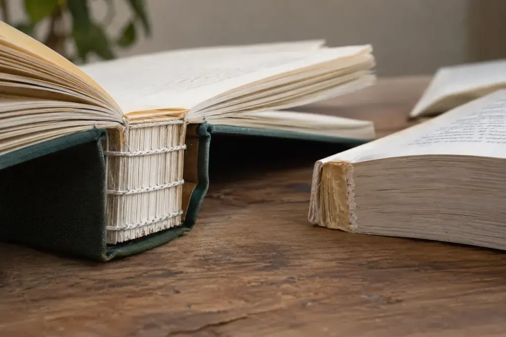 Two unbranded books showing sewn signatures and a glued paperback spine.