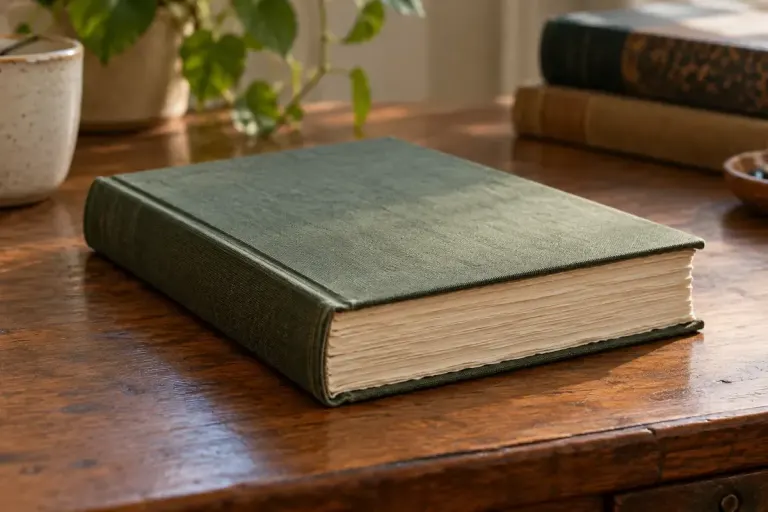 A close view of a closed literary hardback with softly uneven deckled paper edges on a wooden desk.
