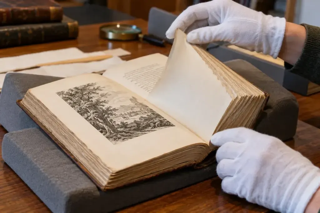 Old book with folded uncut page edges on conservation support.